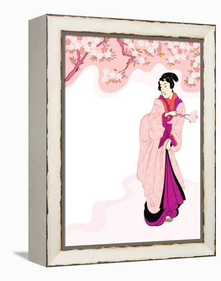 Vintage Japanese Geisha Enjoying Cherry Tree Blossom-sahua d-Framed Premier Image Canvas