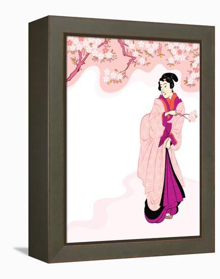 Vintage Japanese Geisha Enjoying Cherry Tree Blossom-sahua d-Framed Premier Image Canvas