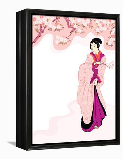 Vintage Japanese Geisha Enjoying Cherry Tree Blossom-sahua d-Framed Premier Image Canvas