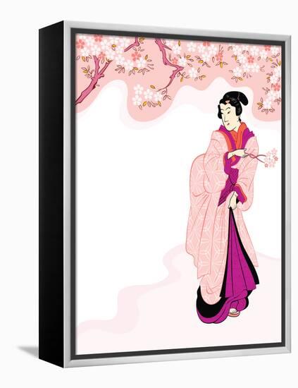 Vintage Japanese Geisha Enjoying Cherry Tree Blossom-sahua d-Framed Premier Image Canvas