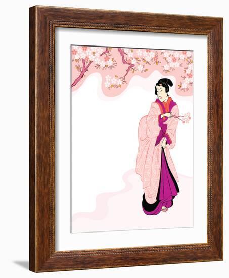 Vintage Japanese Geisha Enjoying Cherry Tree Blossom-sahua d-Framed Photographic Print