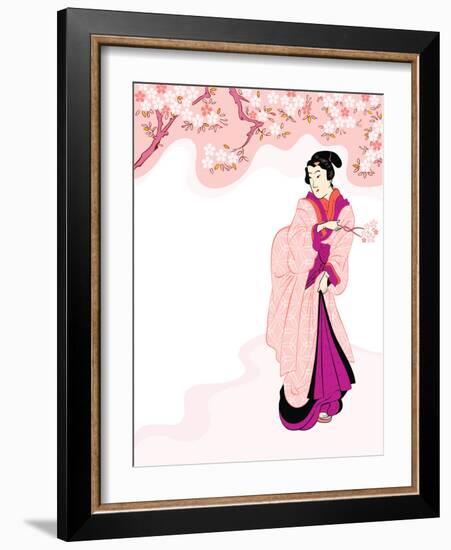 Vintage Japanese Geisha Enjoying Cherry Tree Blossom-sahua d-Framed Photographic Print