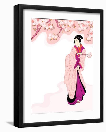 Vintage Japanese Geisha Enjoying Cherry Tree Blossom-sahua d-Framed Photographic Print