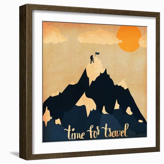 Vintage Lettering Poster on the Theme of Winter Ski Tourism. Landscape Mountains.Time for Travel. V-Alena Dubinets-Framed Art Print