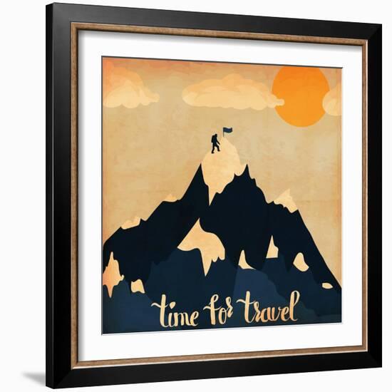 Vintage Lettering Poster on the Theme of Winter Ski Tourism. Landscape Mountains.Time for Travel. V-Alena Dubinets-Framed Art Print