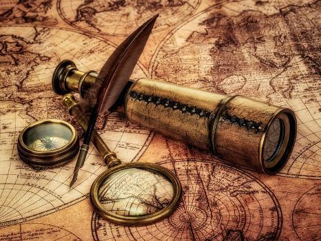 Vintage Magnifying Glass, Compass, Goose Quill Pen And Spyglass Lying On An  Old Map' Art Print - Andrey Armyagov | Art.com
