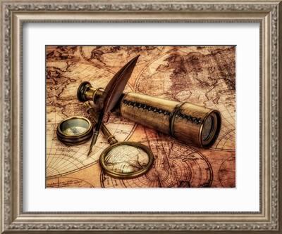 Vintage Magnifying Glass, Compass, Goose Quill Pen And Spyglass Lying On An  Old Map' Art Print - Andrey Armyagov | Art.com