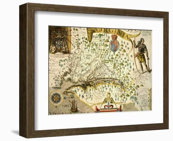 Vintage Map of Virginia, showing in upper left hand a picture of Chief Powhatan by John Smith-Theodore de Bry-Framed Giclee Print