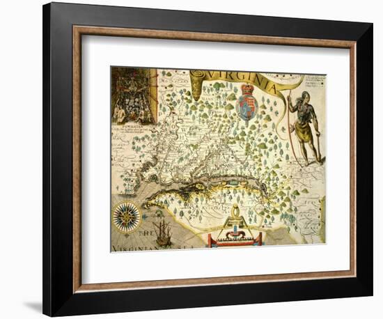 Vintage Map of Virginia, showing in upper left hand a picture of Chief Powhatan by John Smith-Theodore de Bry-Framed Giclee Print