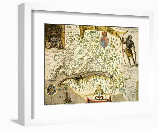 Vintage Map of Virginia, showing in upper left hand a picture of Chief Powhatan by John Smith-Theodore de Bry-Framed Giclee Print