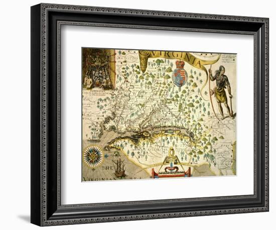 Vintage Map of Virginia, showing in upper left hand a picture of Chief Powhatan by John Smith-Theodore de Bry-Framed Giclee Print