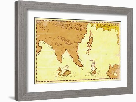 Vintage Map Treasure Island Tall Ship Whale-patrimonio-Framed Art Print