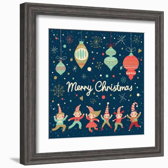 Vintage Merry Christmas Card in Vector. Funny Elves Dancing under the Snowfall. Cute Holiday Backgr-smilewithjul-Framed Art Print