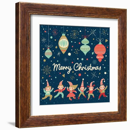 Vintage Merry Christmas Card in Vector. Funny Elves Dancing under the Snowfall. Cute Holiday Backgr-smilewithjul-Framed Art Print