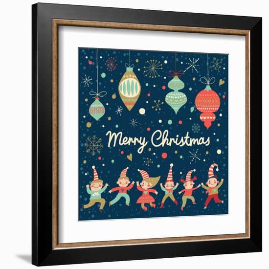 Vintage Merry Christmas Card in Vector. Funny Elves Dancing under the Snowfall. Cute Holiday Backgr-smilewithjul-Framed Art Print