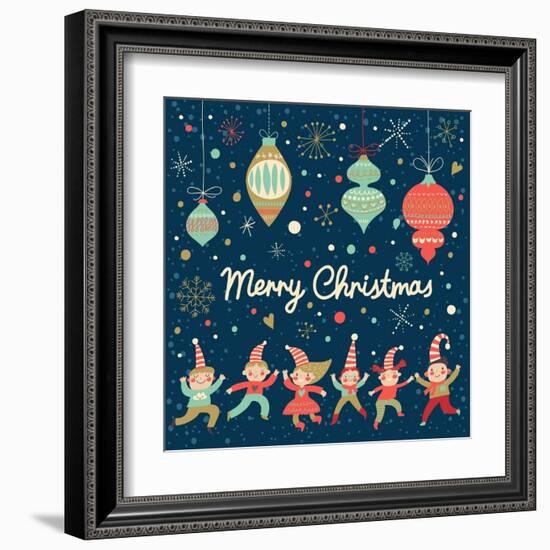 Vintage Merry Christmas Card in Vector. Funny Elves Dancing under the Snowfall. Cute Holiday Backgr-smilewithjul-Framed Art Print