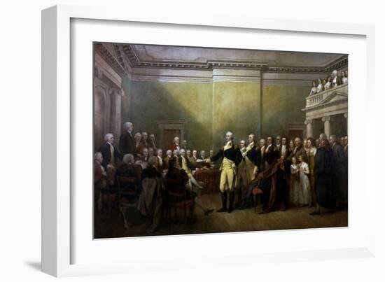 Vintage painting of General George Washington resigning his commission.-Vernon Lewis Gallery-Framed Art Print