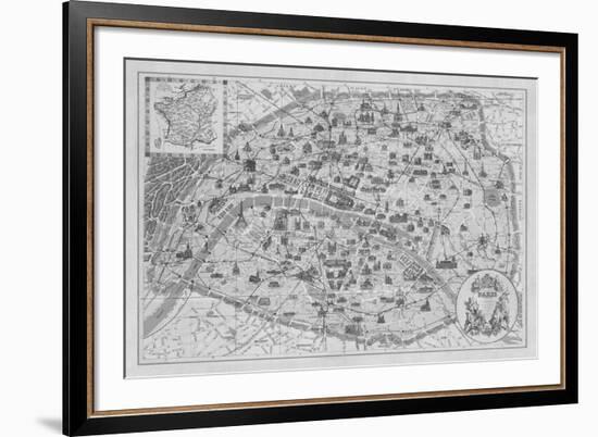 Vintage Paris Map - B&W-The Vintage Collection-Framed Giclee Print