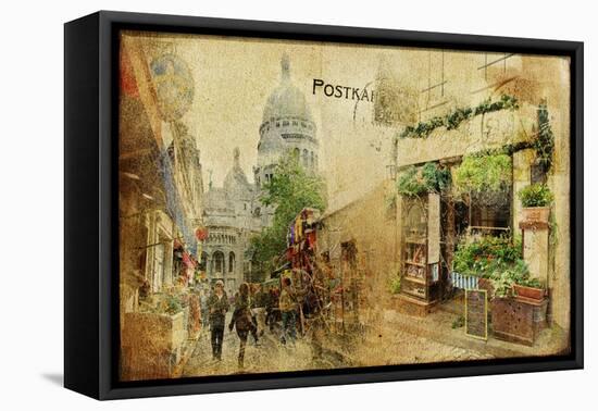 Vintage Parisian Cards Series - Montmartre Street-Maugli-l-Framed Stretched Canvas