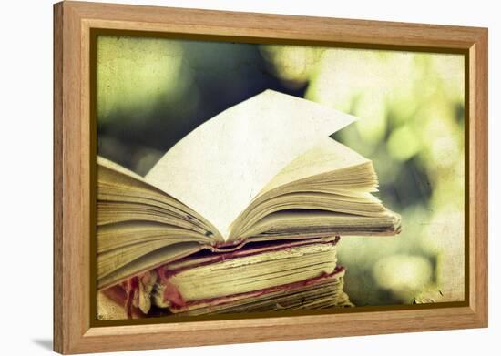 Vintage Photo of Old Books on Colorful Bokeh Background-melis-Framed Premier Image Canvas