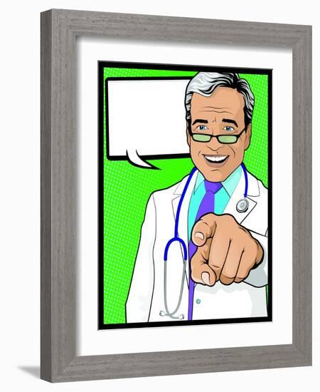 Vintage Pop Art Doctor with Pointing Hand-jorgenmac-Framed Art Print