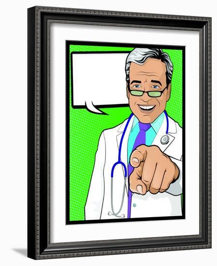 Vintage Pop Art Doctor with Pointing Hand-jorgenmac-Framed Art Print