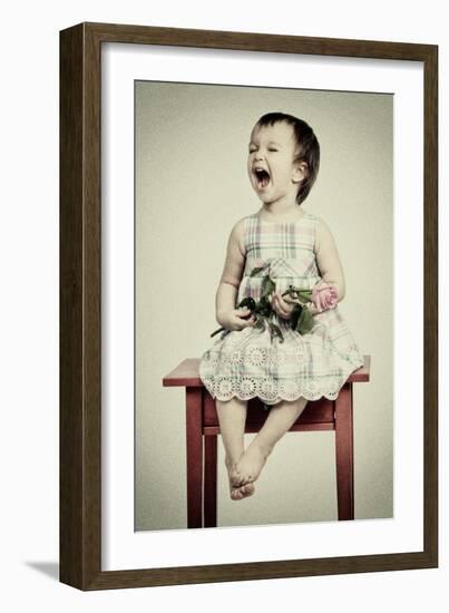 Vintage Portrait of Crying Little Girl with Rose-vitalytitov-Framed Art Print
