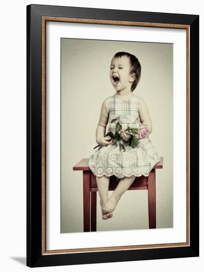 Vintage Portrait of Crying Little Girl with Rose-vitalytitov-Framed Art Print