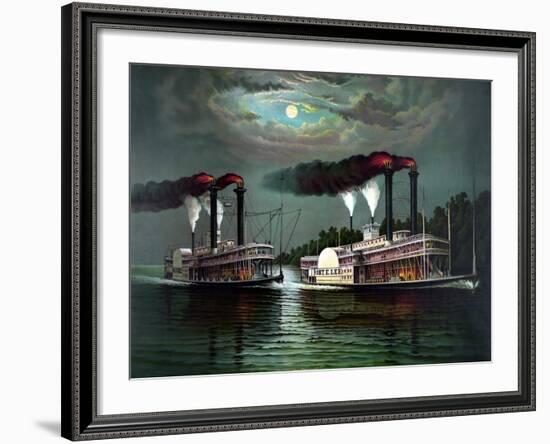 Vintage Print Featuring the Race of Steamboats Robert E. Lee and Natchez-null-Framed Art Print