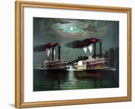 Vintage Print Featuring the Race of Steamboats Robert E. Lee and Natchez-null-Framed Art Print