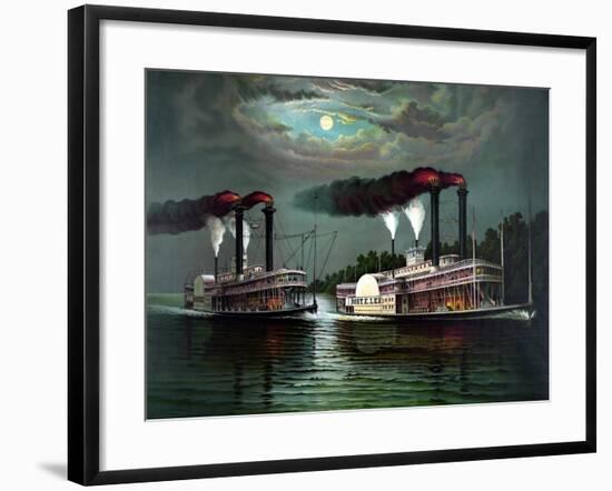 Vintage Print Featuring the Race of Steamboats Robert E. Lee and Natchez-null-Framed Art Print