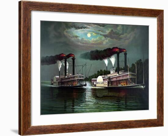 Vintage Print Featuring the Race of Steamboats Robert E. Lee and Natchez-null-Framed Art Print