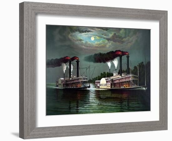 Vintage Print Featuring the Race of Steamboats Robert E. Lee and Natchez-null-Framed Art Print