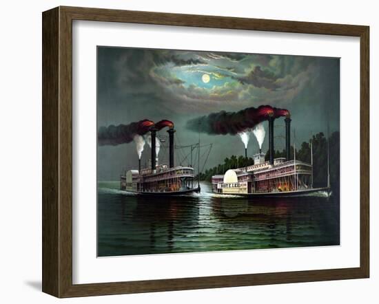 Vintage Print Featuring the Race of Steamboats Robert E. Lee and Natchez-null-Framed Art Print