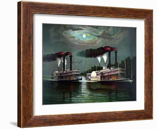 Vintage Print Featuring the Race of Steamboats Robert E. Lee and Natchez-null-Framed Art Print