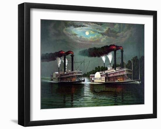 Vintage Print Featuring the Race of Steamboats Robert E. Lee and Natchez-null-Framed Art Print