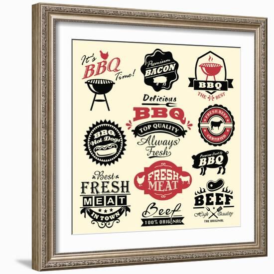 Vintage Retro BBQ Badges and Labels-Catherinecml-Framed Art Print