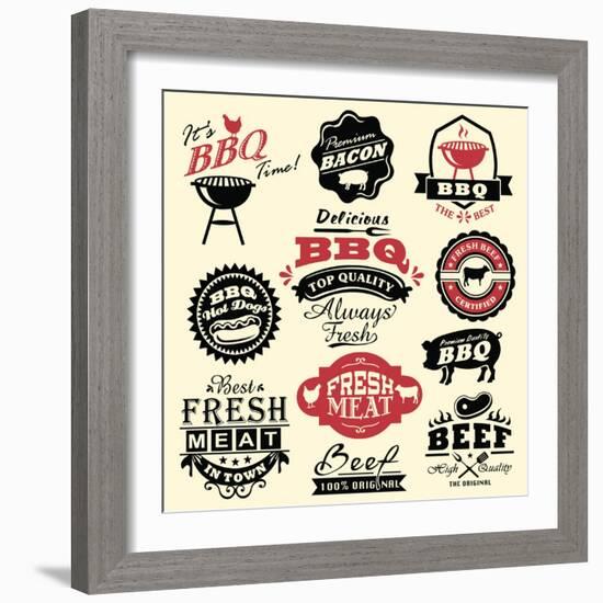 Vintage Retro BBQ Badges and Labels-Catherinecml-Framed Art Print