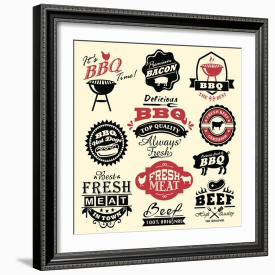 Vintage Retro BBQ Badges and Labels-Catherinecml-Framed Art Print