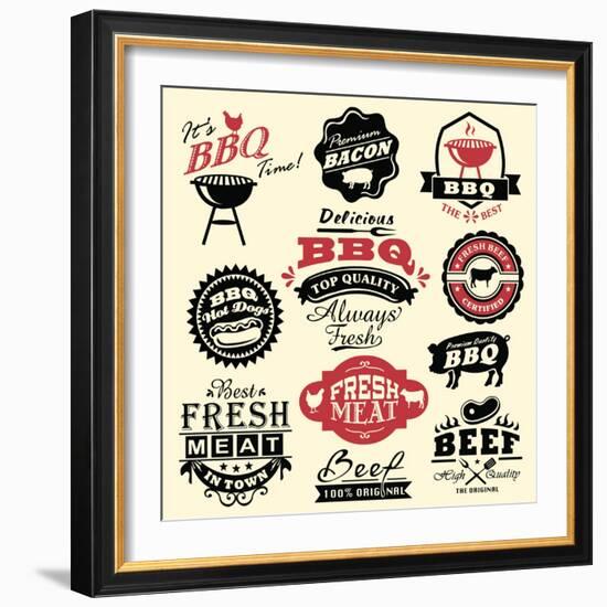 Vintage Retro BBQ Badges and Labels-Catherinecml-Framed Art Print