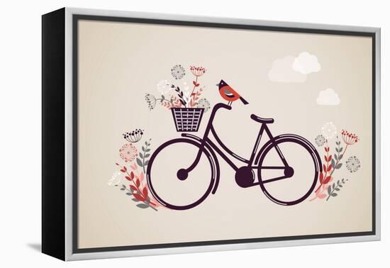 Vintage Retro Bicycle Background with Flowers and Bird-Marish-Framed Stretched Canvas
