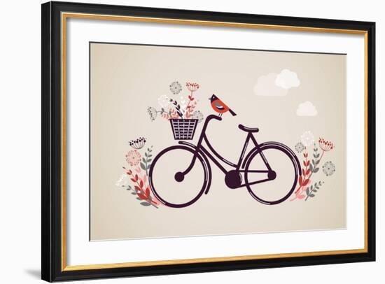 Vintage Retro Bicycle Background with Flowers and Bird-Marish-Framed Art Print