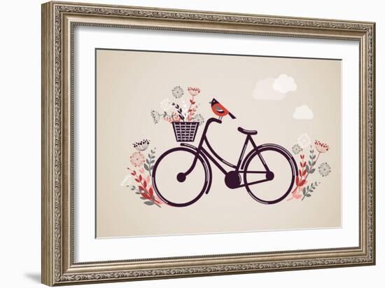 Vintage Retro Bicycle Background with Flowers and Bird-Marish-Framed Art Print
