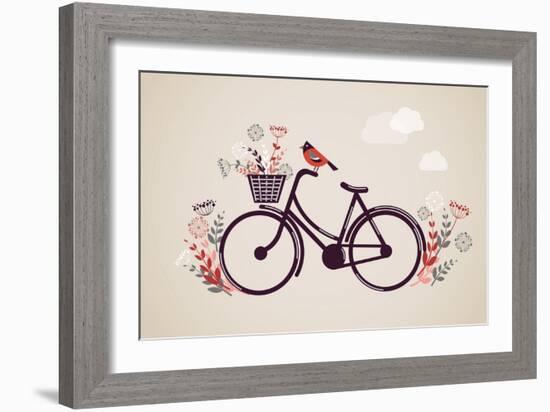 Vintage Retro Bicycle Background with Flowers and Bird-Marish-Framed Art Print