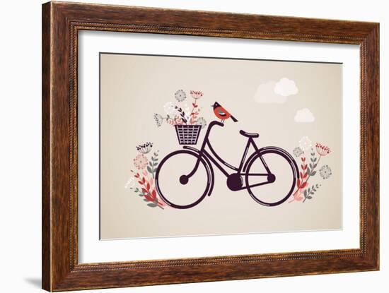 Vintage Retro Bicycle Background with Flowers and Bird-Marish-Framed Art Print