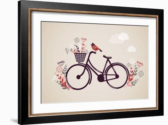 Vintage Retro Bicycle Background with Flowers and Bird-Marish-Framed Art Print