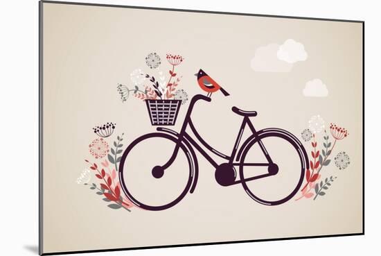 Vintage Retro Bicycle Background with Flowers and Bird-Marish-Mounted Art Print
