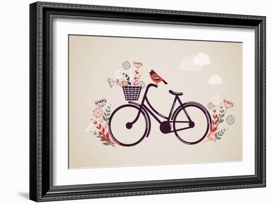 Vintage Retro Bicycle Background with Flowers and Bird-Marish-Framed Art Print