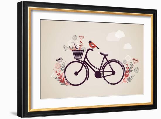 Vintage Retro Bicycle Background with Flowers and Bird-Marish-Framed Art Print