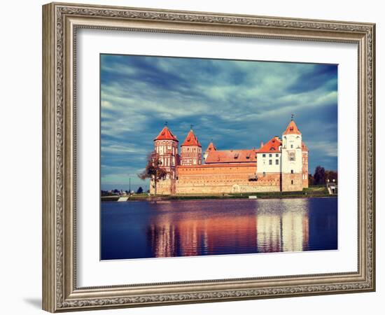 Vintage Retro Effect Filtered Hipster Style Travel Image of Medieval Mir Castle Famous Landmark in-f9photos-Framed Photographic Print